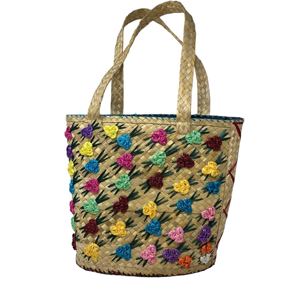 Woven Straw Tote Bag Colorful Floral Embroidered Boho Beach Market Shoulder Bag
